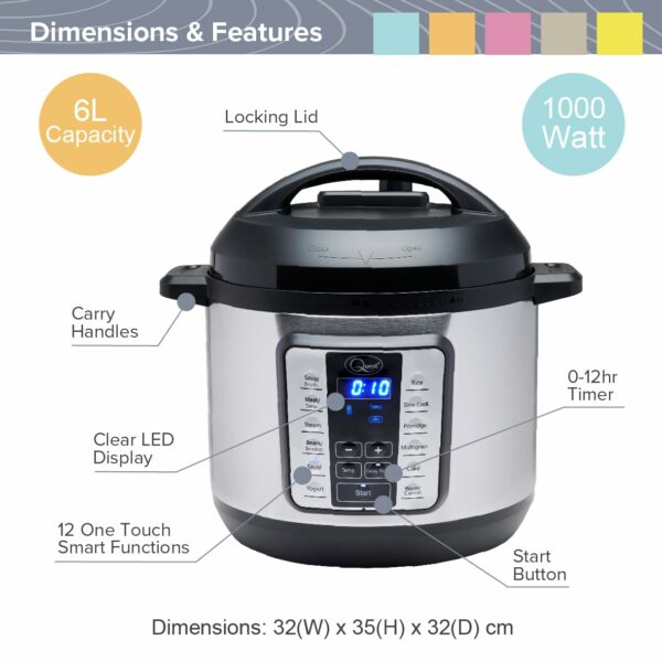 Quest 63009 Pressure Cooker Electric 6L / 12-in-1 Multi-Function Cooker/Stainless Steel Housing / 1000W / Slow Cook, Steam, Roast, Keep Warm & More/Recipe Book Included