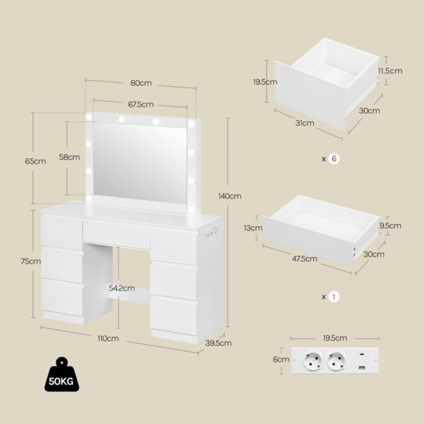WOLTU Dressing Table with Lights and Multi-Socket, Vanity Desk with Large LED Mirror and 7 Drawers, Makeup Desk 110x39.5x140.5cm, White Modern Bedroom Dresser, MB6124ws