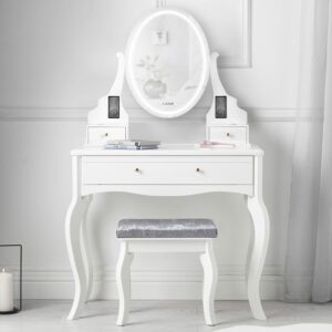Carme White Dressing Table with Mirror Touch LED Lights 3 Drawers Bluetooth Speaker Stool Set
