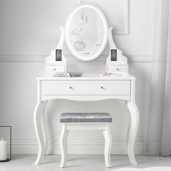 Carme White Dressing Table with Mirror Touch LED Lights 3 Drawers Bluetooth Speaker Stool Set