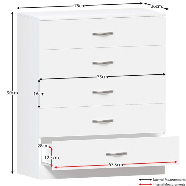 Vida Designs Riano 5 Drawer Chest of Drawers, Metal Handles and Runners, Anti-Bowing Drawer Support, Bedroom, Nursery Furniture, White