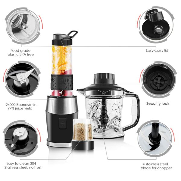 Blender Smoothie Maker, 700W Blender, Portable Food Chopper and Grinder, 570ml BPA Free Bottle, 300ml Grinder Cup, 1200ml Jug, Processor Blenders for Kitchen (TB18SM)