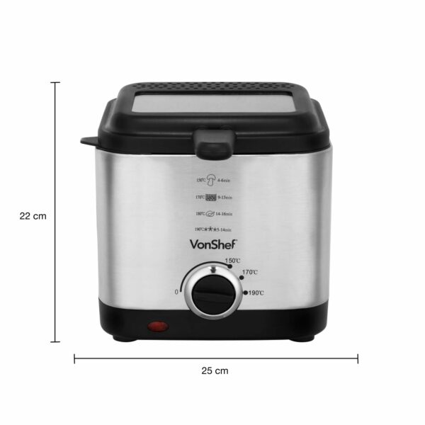 VonShef Deep Fat Fryer- Stainless Steel 1.5L Fryer with Easy to Use Adjustable Temperature Control, Indicator Lights, Observation Window, Non-Stick Removable Basket for Easy Clean & Non-Slip Feet