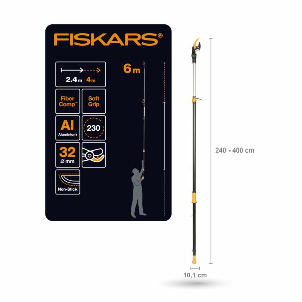 Fiskars PowerGear X Telescopic Tree Pruner UPX86, Non-stick Coated, Steel Blade/Aluminium Handle, Length 2.4 - 4 m, Black/Orange, 1023624