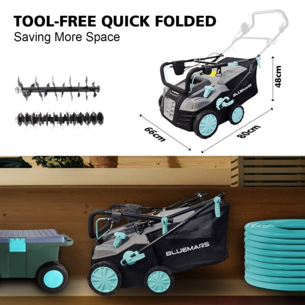Bluemars Lawn Scarifier and Aerator,2000W Electric Lawn Rake with 40cm Working Width,5 Positions,55L Grass Box, Folding Handle,10M Power Cord