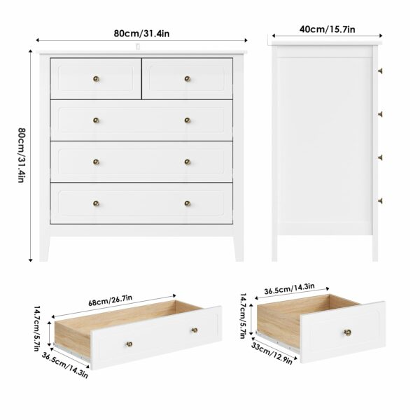 FOREHILL Bedroom Chest of Drawers White Sideboard 5 Drawers Storage Cabinet Cupboard Unit Bedroom Furniture 40x80x80cm