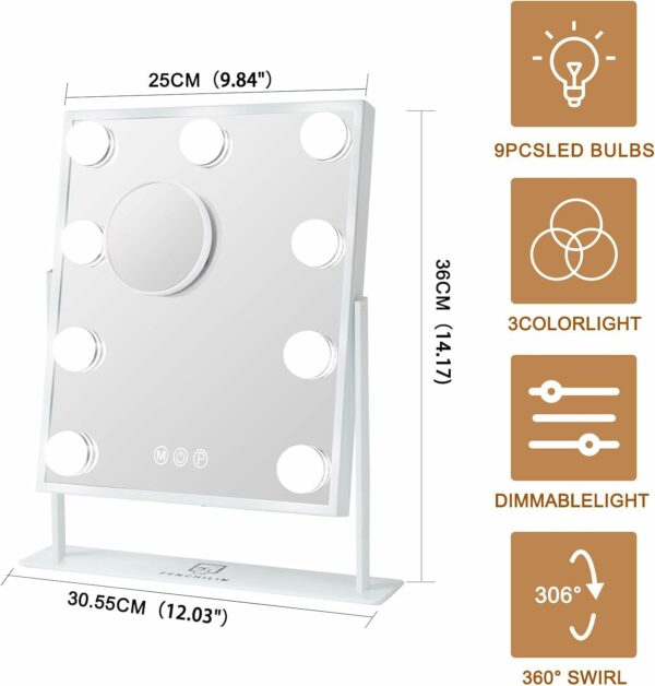 FENCHILIN Vanity Mirror with Lights Makeup Mirror with Lights 9 LED Bulbs Lighted Hollywood Mirror Light up Vanity Mirror 360° Rotation 3 Color Lighting Modes 10X Magnifying Dressing Table Mirror
