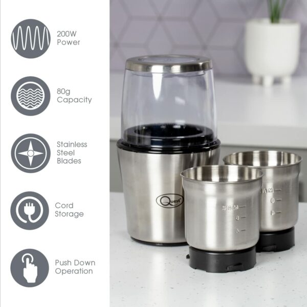 Quest 34170 Electric Wet and Dry Grinder / One Touch Operation / Coffee, Spices, Nuts, Fruit, Vegetables, Sauces, Salsa, Dips / 80g Capacity / 2 x Interchangeable Stainless Steel Blades