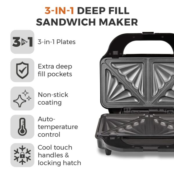 Tower Deep Filled Snack Maker T27032 3-in-1 with Non-Stick Coated Plate and Automatic Temperature Control, 900W, Stainless Steel