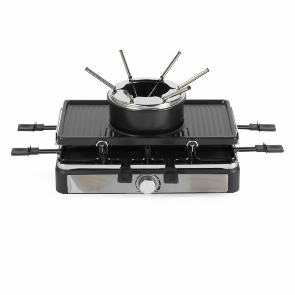 Salter EK4513 Electric Raclette Grill & Fondue - 2 In 1 Indoor Grill, 1.3L Chocolate Melting Pot, 6 Forks, Cheese Fondue Set, Adjustable Temperature Control, 8 Non-Stick Pans & Wooden Spatulas, 1400W