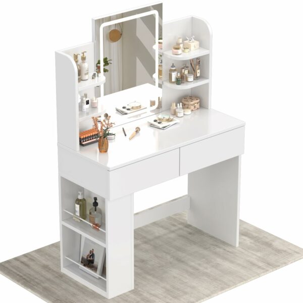 Devoko Dressing Table with LED Lighting Mirror,3 Light Colors,Adjustable Brightness,Vanity Table,Makeup Desk with 2 Drawers and 4 Storage Shelves, 90 x 40 x 135 cm, Modern White