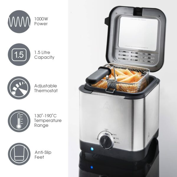 Quest 34250 1.5 Litre Stainless Steel Deep Fat Fryer / 130-190°C Adjustable Temperature/Lid Cover & Viewing Window/Easy Clean with Removable Basket / 900W / Ideal For Fried Chicken, Chips & More