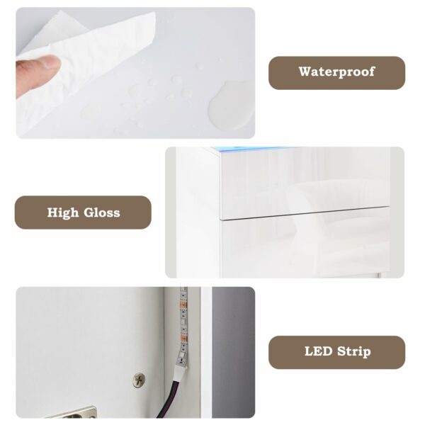 Tukailai Set of 2 White Bedside Table with 2 Drawers and Top Storage, Modern Gloss Front Bedside Cabinet with LED Lights