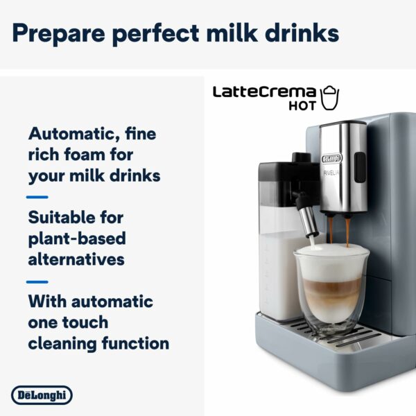 De'Longhi Rivelia EXAM440.55.G, Fully Automatic Coffee Machine with LatteCrema Hot, Automatic Milk Frother, Compact Size Bean to Cup Coffee Machine, 16 Recipes, Full Touch Colored Display, Pebble Grey
