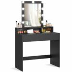 VASAGLE Dressing Table, LED Lights with Adjustable Brightness, Vanity Table with Mirror, 2 Drawers and 3 Compartments, Makeup Table, Modern, Simply Black RDT194B01