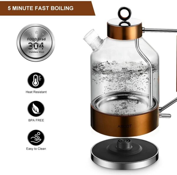 Electric Kettle, ASCOT Glass Electric Tea Kettle 1.6L 2200W Tea Heater & Hot Water Boiler, Borosilicate Glass, BPA-Free, Auto Shut-Off and Boil-Dry Protection (Copper)