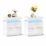 Tukailai Set of 2 White Bedside Table with 2 Drawers and Top Storage, Modern Gloss Front Bedside Cabinet with LED Lights