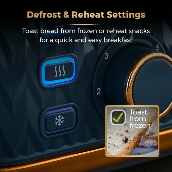 Tower T20061MNB Empire 4-Slice Toaster with Defrost/Reheat, Removable Crumb Trays, 1600W, Midnight Blue and Brass