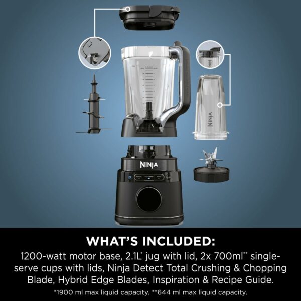 Ninja 2-in-1 Detect Power Blender Pro & Single Serve, 1200W Blender With Jug, & 2x Single Serve Cups, Blend Smoothies, Chop Vegetables & Mix Frozen Drinks, Black, TB301UK
