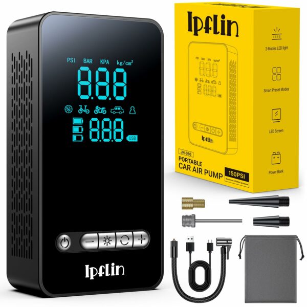 Ipflin Tyre Inflator Cordless Compressor - Portable Air Electric Bike Pump 150 PSI with Digital Display,Rechargeable Tyre Accessories for Car,Bike and Motorbike with Pressure Gauge and LED Light