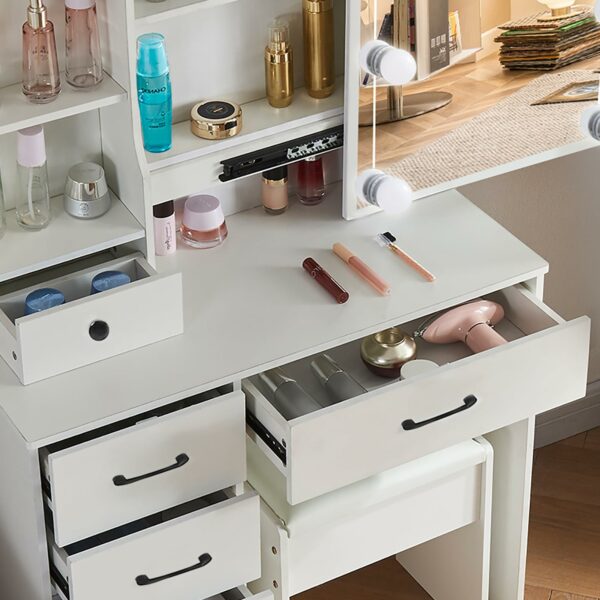 Guanglai Vanity Desk with Mirror & Light, 3 Lighting Modes Adjustable Brightness,5 Drawers Makeup Table with Stool for Women Girls