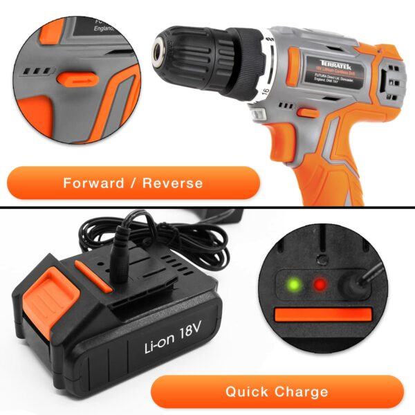 Terratek Cordless Drill Driver 18V Lithium-Ion, 13Pc Electric Screwdriver Set, LED Work Light, Electric Drill Quick Change Power Drill Battery and Charger Included