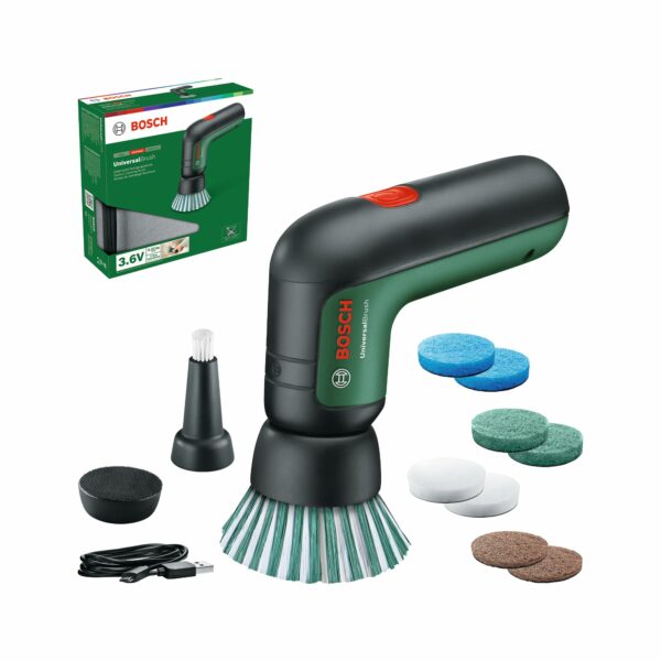 Bosch Electric Cleaning Brush UniversalBrush (3.6 Ah Integrated Battery, 1 Micro USB Charger and 4 Cleaning attachments Included, in Carton Packaging)