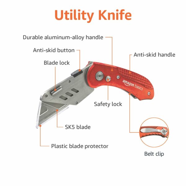 Amazon Basics Durable Folding Utility Knife with Aluminum Body, Red