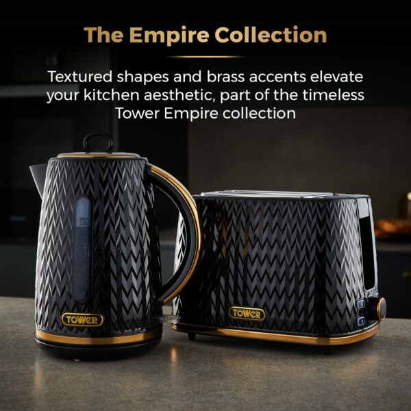 Tower T20054BLK Empire 2 Slice Toaster with Defrost/Reheat, Removable Crumb Tray, 900W, Black and Brass