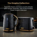 Tower T20054BLK Empire 2 Slice Toaster with Defrost/Reheat, Removable Crumb Tray, 900W, Black and Brass