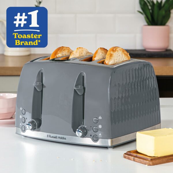 Russell Hobbs Honeycomb 4 Slice Toaster (Independent & Extra wide slots with high lift, 6 Browning levels, Frozen/Cancel/Reheat function, Removable crumb tray, 1500W, Grey textured high gloss) 26073