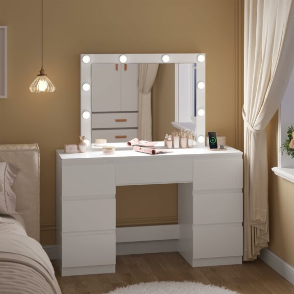 WOLTU Dressing Table with Lights and Multi-Socket, Vanity Desk with Large LED Mirror and 7 Drawers, Makeup Desk 110x39.5x140.5cm, White Modern Bedroom Dresser, MB6124ws