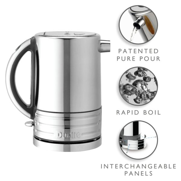 Dualit Architect Kettle | 1.5 Litre 2.3 KW Stainless Steel Kettle With Grey Trim | Rapid Boil and Patented Pure Pour Non-Drip Spout | Measuring Window with Cup Level Indicators