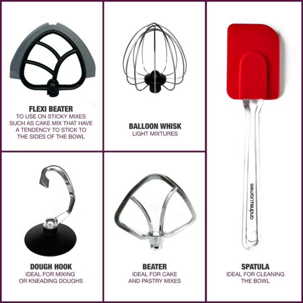 Andrew James Stand Mixer for Baking Food Mixer | 1300W Max | Large 5.5 Litre Bowl 6 Speed Pulse Mode | Kitchen Cake Mixers | Flexi-Beater Dough Hook Balloon Whisk Removable Splash Guard