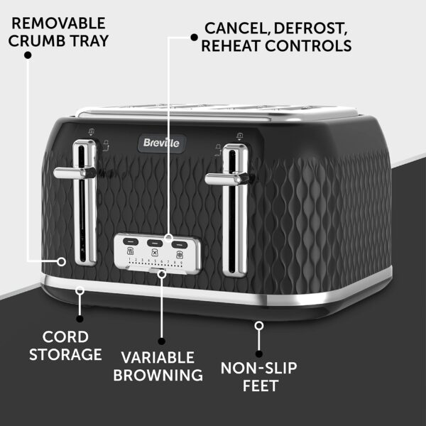 Breville Curve 4 Slice Toaster with High Lift & Wide Slots | Black & Chrome [VTT786]