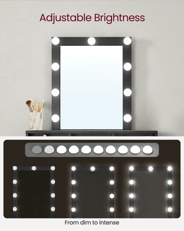 VASAGLE Dressing Table, LED Lights with Adjustable Brightness, Vanity Table with Mirror, 2 Drawers and 3 Compartments, Makeup Table, Modern, Simply Black RDT194B01
