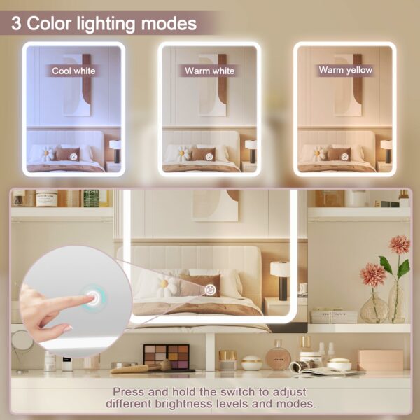 Devoko Dressing Table with LED Lights, 3 Light Colours, Adjustable Brightness,Vanity Desk with 2 Drawers, Jewellery Storage and Open shelves, Makeup Desk with Mirror, 90×40cm (White)