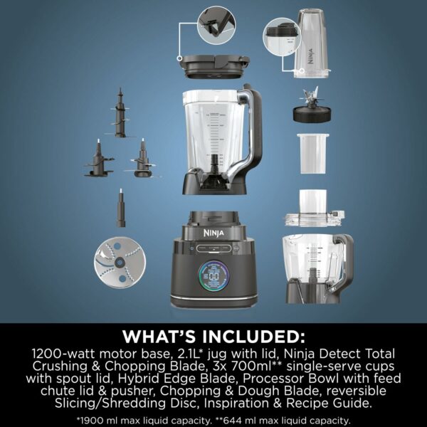 Ninja 3-in-1 Detect Power Blender Processor Pro, Powerful 1200W Blender, Food Processor Bowl, Dough Blade, 1x Single Serve Cup, Jug, Make Pizza Dough, Blend, Chop & Mix, Black, TB401UK