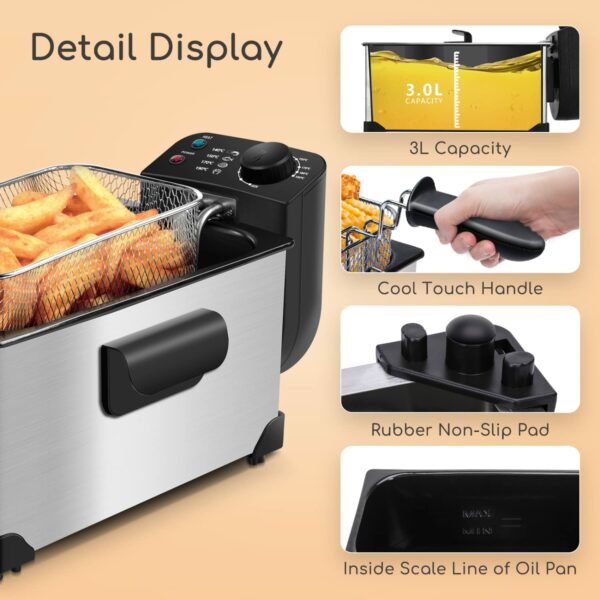 Aigostar Deep Fat Fryer 2200W, 3 Litre Deep Fryer Easy Clean, with Viewing Window, Stainless Steel, Temperature Control, Removable Oil Basket, Silver - Ushas 30JPN