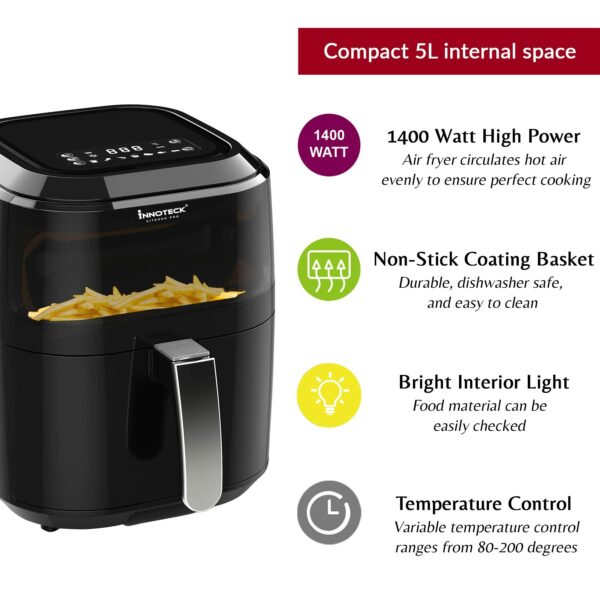 Innoteck Kitchen Pro 5L Air Fryer with Viewing Window - Healthy Low Fat No Oil Cooking - For Air Frying, Roast, Dehydrate, Bake, & Reheat - Dishwasher Safe Accessories, Non-Slip Feet - Gloss Black