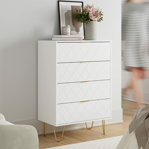 HEYZOEY Chest of Drawers, Wood 4 Drawers Cabinet Storage Organiser, Tall High Gloss Drawer Dresser with Gold Metal Legs for Bedroom, Living Room, Closet, Hallway, White