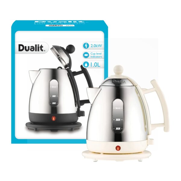 Dualit Lite Kettle | 1 L 2 kW Jug Kettle | Polished with Canvas White Trim, High Gloss Finish | Fast Boiling Kettle by Dualit | 72203, Silver/Canvas White