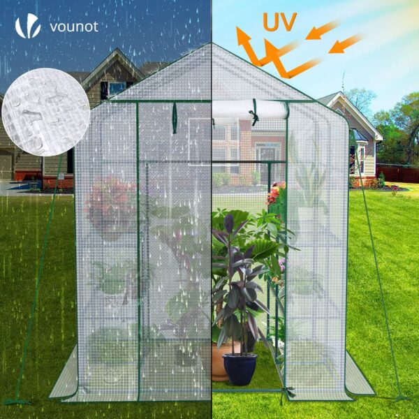 VOUNOT Walk In Greenhouse with Shelves, Roll up Zip Panel Door Garden Plastic Polytunnels Grow House for Outdoor Use, White 143x143x195cm