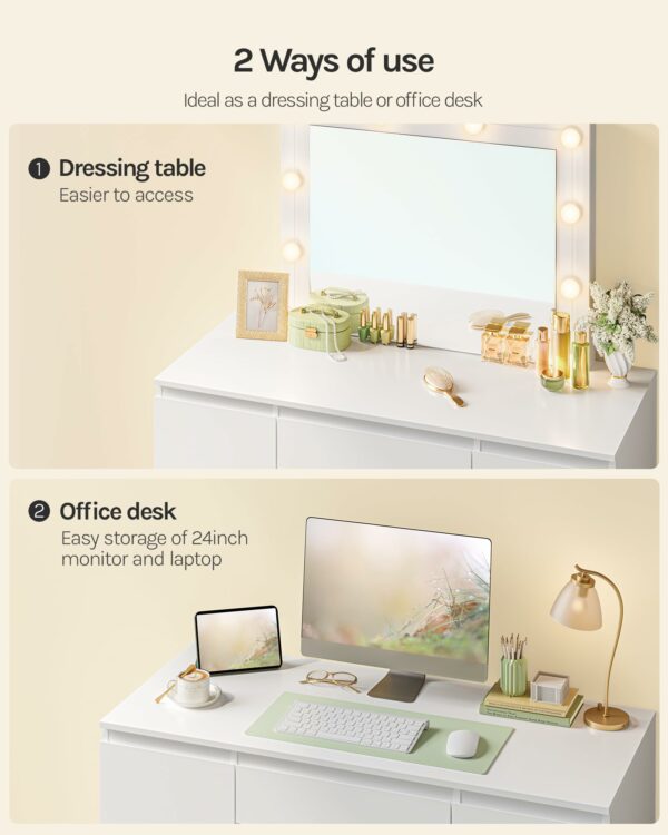 WOLTU Dressing Table with LED Bulb Lights, Adjustable Brightness, Vanity Table Makeup Desk with Large Mirror and 7 Drawers, 110 x 140.5 x 39.5 cm, White Bedroom Dresser Cosmetic Table, MB6099ws