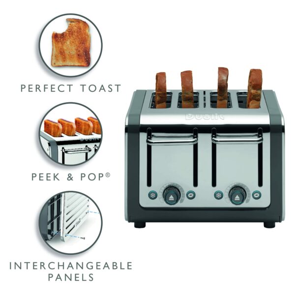 Dualit Architect 4 Slice Toaster | Stainless Steel with Grey Trim|Extra-Wide Slots–Peek and Pop Function–Patented Perfect Toast Technology–Matching Kettle and Sandwich Cage Available | 46526