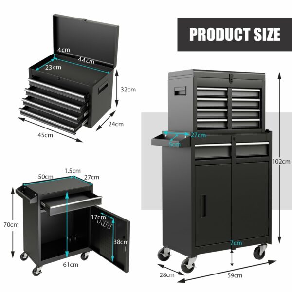 Costway Large Rolling Tool Cabinet, 2-in-1 Detachable Metal Tool Chest with Drawers