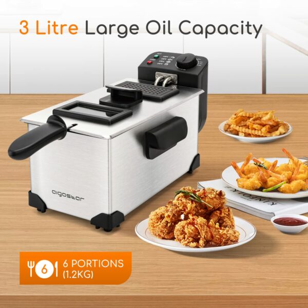 Aigostar Deep Fat Fryer 2200W, 3 Litre Deep Fryer Easy Clean, with Viewing Window, Stainless Steel, Temperature Control, Removable Oil Basket, Silver - Ushas 30JPN