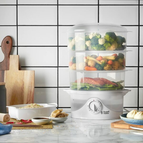 Russell Hobbs 3 Tier Electric Food Steamer, 9L, Dishwasher safe BPA free baskets, Stackable baskets, 1L Rice bowl inc, 60 min timer, Steams in 40 seconds, Healthy eating, Energy saving, 800W, 21140