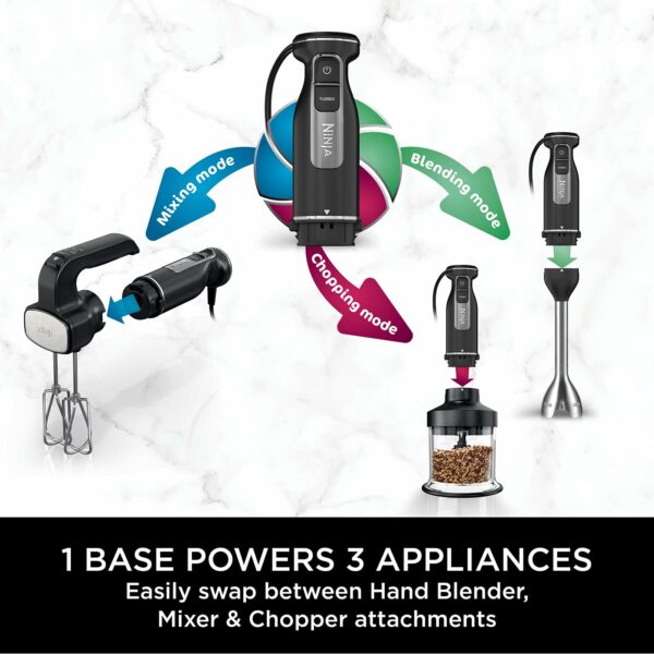 Ninja Foodi 3-in-1 Hand Blender, Hand Mixer & Chopper, Food Processor with 3 Attachments, 850W Powerbase, Immersion Blender, 5 Mixing Speeds, 2 Blending Speeds, 1.5m Cord, Black CI100UK