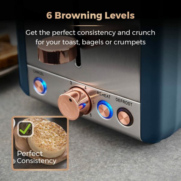 Tower T20036MNB Cavaletto 2-Slice Toaster with Defrost/Reheat, Stainless Steel, 850W, Midnight Blue and Rose Gold